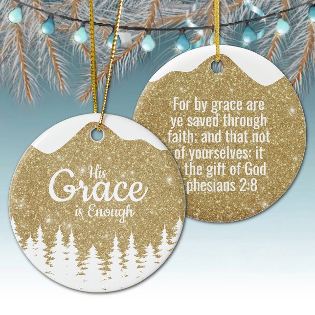 His Grace is Enough Divine Passage ⛪️ 🎄 Julgransprydnad Keramik (Personal His Grace is Enough, Religious Holiday Snow Ceramic Ornament Golden snowy white trees 🌲✞)