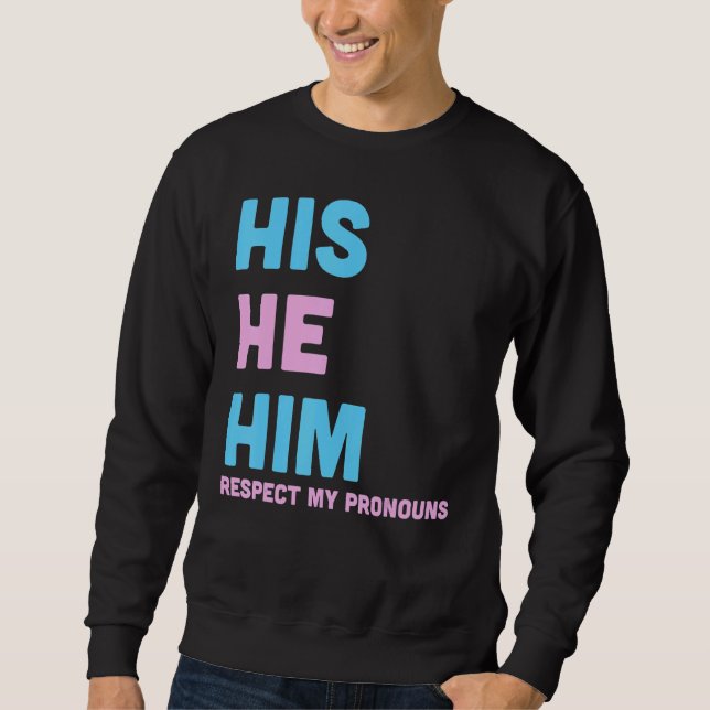 His He Him Respect My Pronouns Trans LGBT Transgen Lång Ärmad Tröja (Framsida)