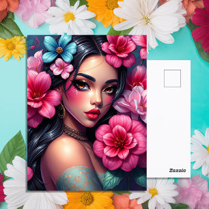 Hispanic Anime Girl med Söt Rosa Flowers Vykort