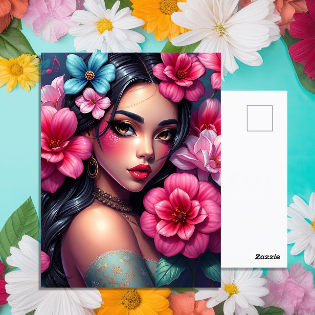 Hispanic Anime Girl med Söt Rosa Flowers Vykort (Skapare uppladdad)