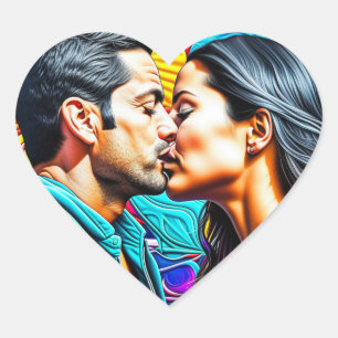 Hispanic Couple Kissing i Kärlek Hjärtformat Klistermärke