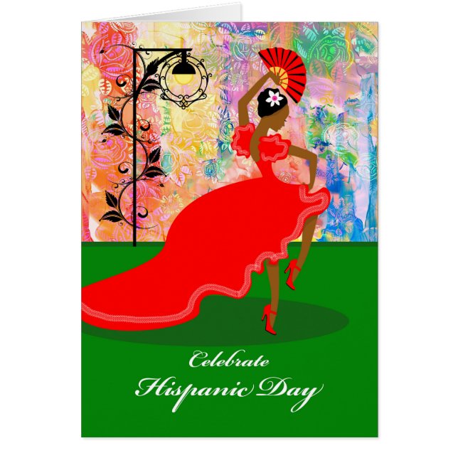 Hispanic Day, Flamenco Dancer in Red Dress, Fläkt Hälsningskort (Framsidan)
