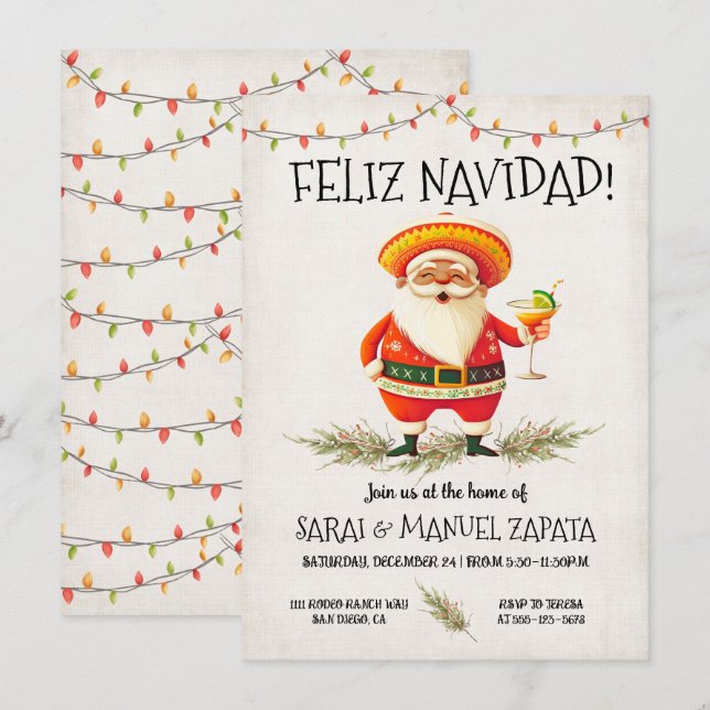 Hispanic Mexican Jultomten Feliz Navidad Party Inbjudningar (Fram/baksida)