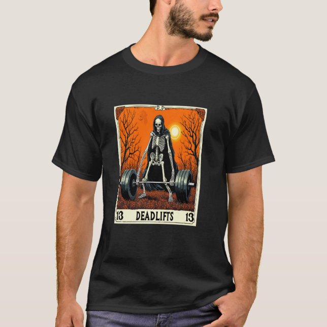 Hiss i Dödsutfallet Tarot Deadlifts Gym Reaper's W T Shirt (Framsida)