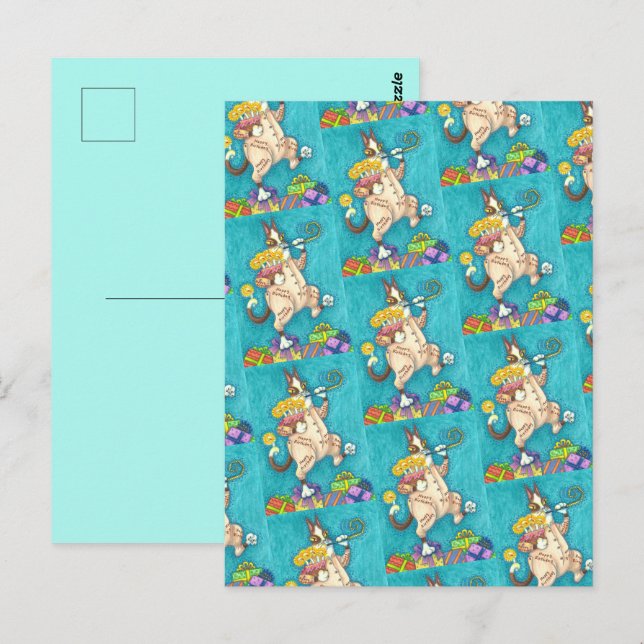 HISS N' FITZ KATT I FÖDELSEDAGSKOSTYM, TÅRTA OCH L VYKORT (Fram/baksida)