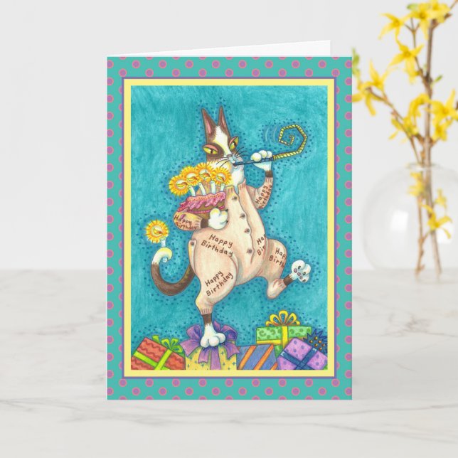 HISS N'FITZ CAT IN BIRTHDAY KOSTYM, CAKE & CANDLES KORT (Gul blomma)