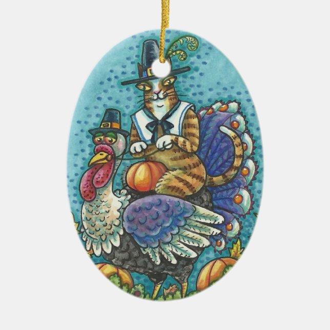 HISS N'FITZ CAT ON THANKSGIVING TURKY ORNAY JULGRANSPRYDNAD KERAMIK (Framsidan)