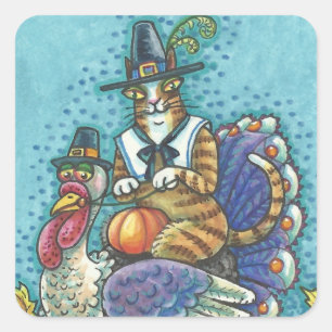 HISS N'FITZ CAT ON THANKSGIVING TURKY STICKERS FYRKANTIGT KLISTERMÄRKE