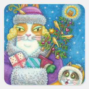 HISS N'FITZ CATS CHRISTMAS SHOPPING, FEATHER TRÄD FYRKANTIGT KLISTERMÄRKE