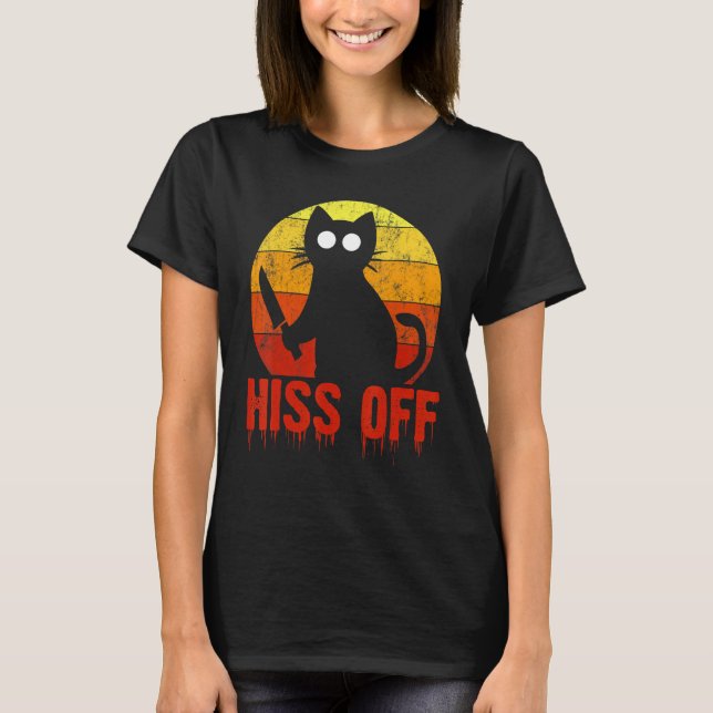 Hiss off Spooky Gory Cat Knivar Bloody T Shirt (Framsida)