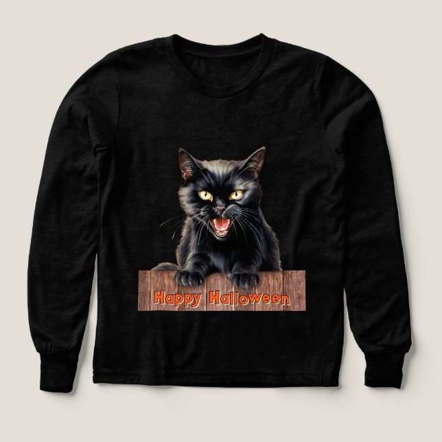 Hissing Black Cat Happy halloween T Shirt (Design framsida)