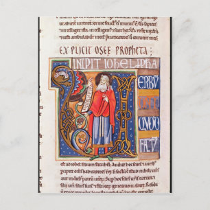 Historiated initial "U" som visar Joel Vykort