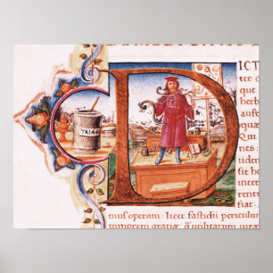 Historiated initialt "D" som visar en apothecary Poster