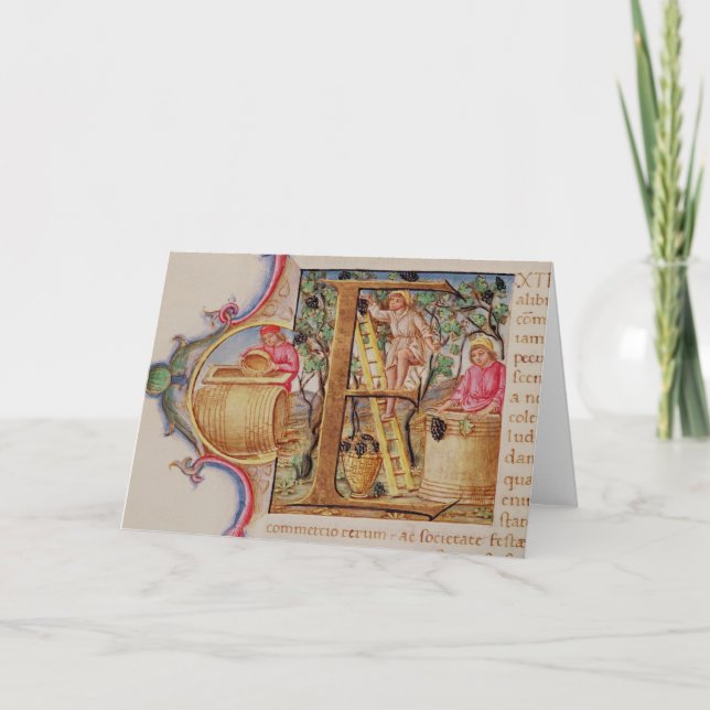 Historiated initialt "E" som visar druvaplockning Anteckningskort (Framsida)