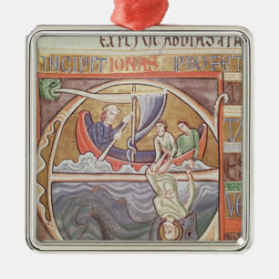 Historiated initialt "E" som visar Jonah Julgransprydnad Metall