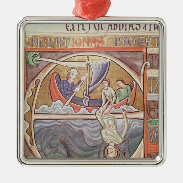 Historiated initialt "E" som visar Jonah Julgransprydnad Metall (Framsidan)