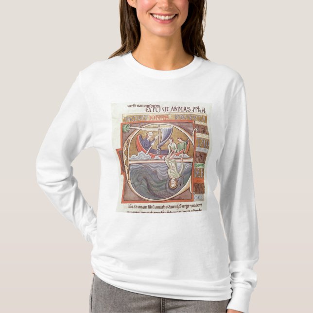 Historiated initialt "E" som visar Jonah T-shirt (Framsida)