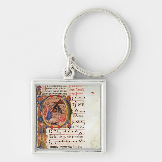 Historiated initialt "P" som visar nativityen Fyrkantig Silverfärgad Nyckelring (Framsidan)