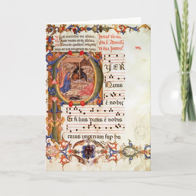 Historiated initialt "P" som visar nativityen Helgkort (Framsida)