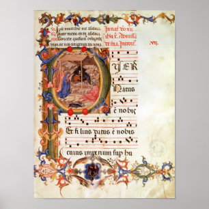 Historiated initialt "P" som visar nativityen Poster