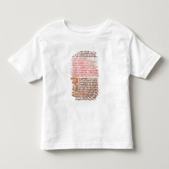 Historiated initialt "Q" som visar tre T-shirt (Framsida)