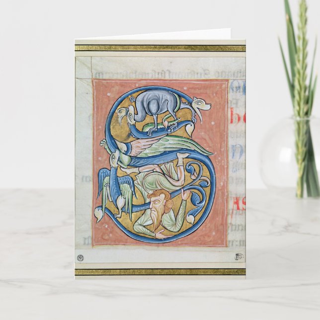 Historiated initialt "S" som visar en akrobat Anteckningskort (Framsida)