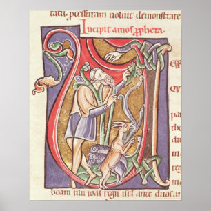 Historiated initialt "V" som visar Amos Poster