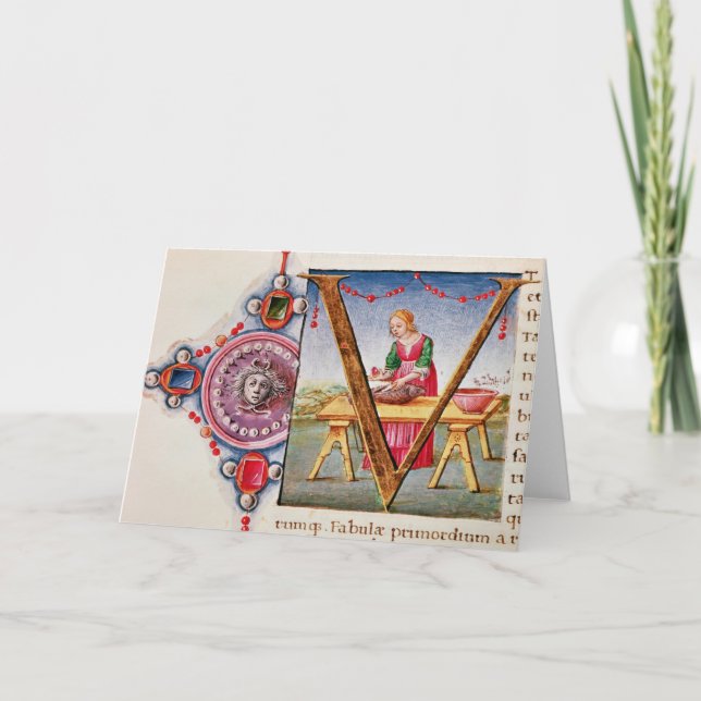 Historiated initialt "V" som visar Anteckningskort (Framsida)