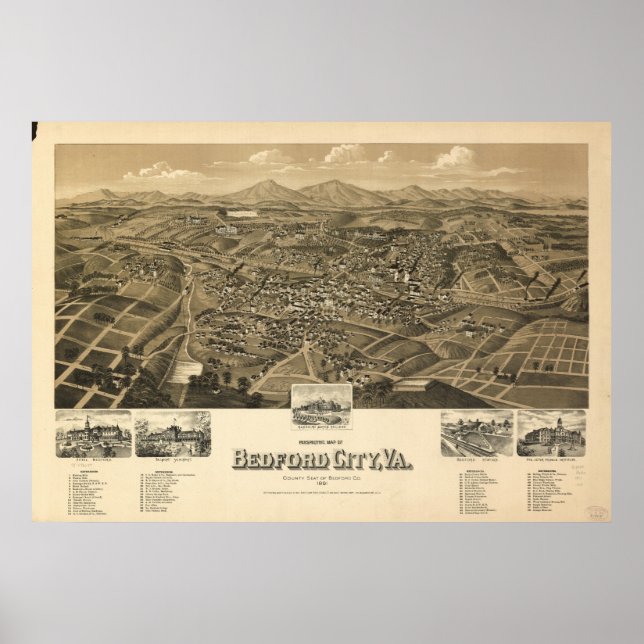Historic Karta i Bedford Virginia Poster (Framsidan)
