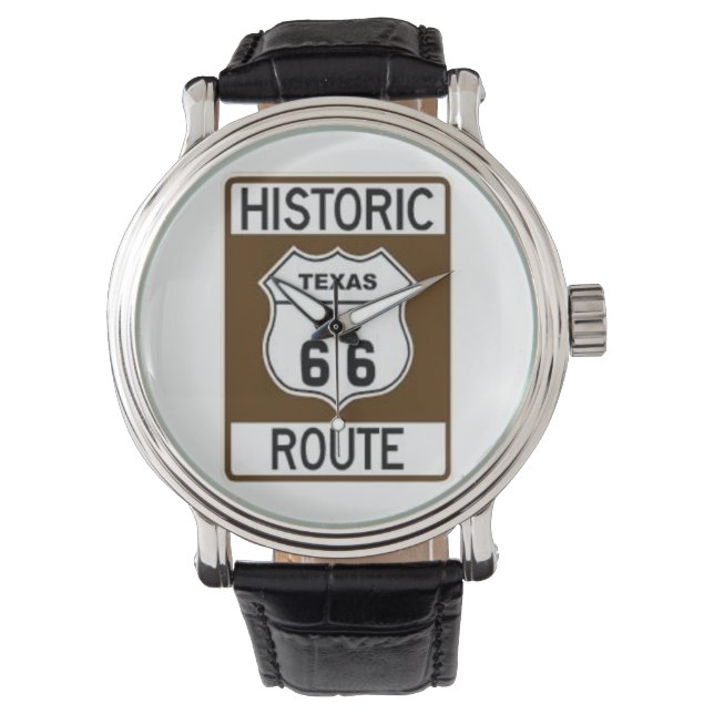 Historic Texas Route 66 Black Leather Watch Armbandsur (Framsida)
