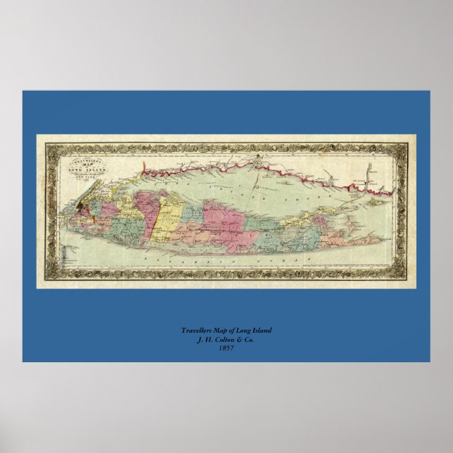 Historik 1855-1857 Resenärer Karta på Long Island Poster (Framsidan)