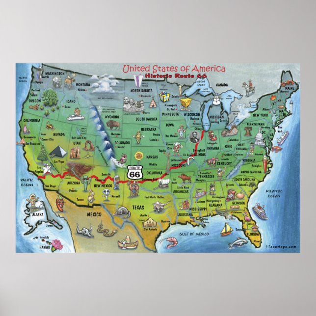 Historik Route 66 USA Tecknad Karta Poster (Framsidan)