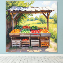 Historischer Bauernstand mit Obst und Gemüse Canvastryck