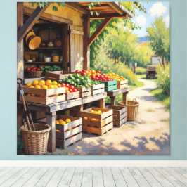 Historischer Bauernstand mit Obst und Gemüse Canvastryck