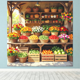 Historischer Bauernstand mit Obst und Gemüse Canvastryck