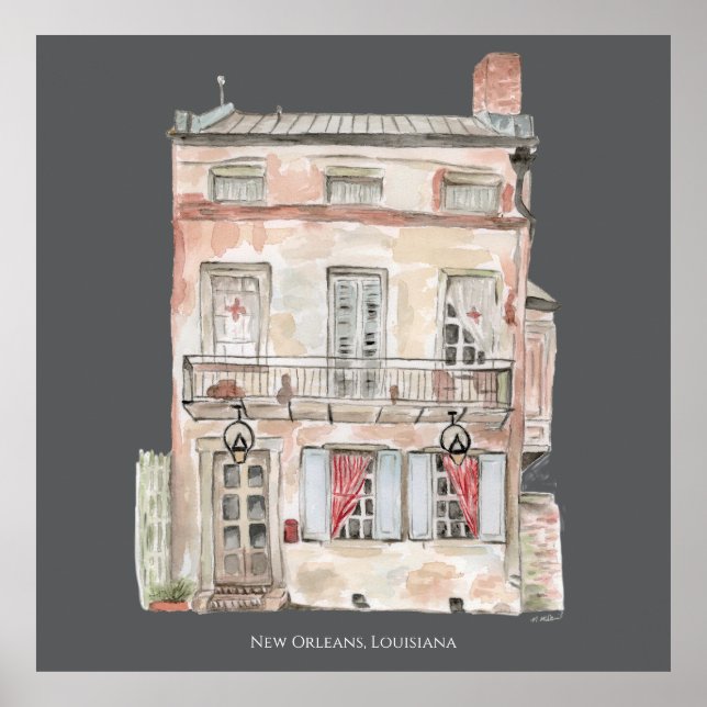 Historisk Byggnad New Orleans Watercolor Poster (Framsidan)