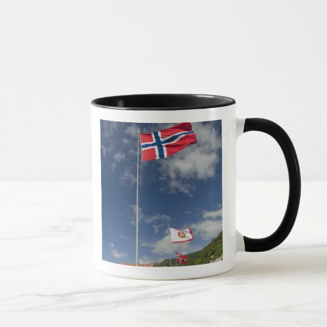 Historisk hamnområde i centrala Bergen med flaggor Mugg (Höger)