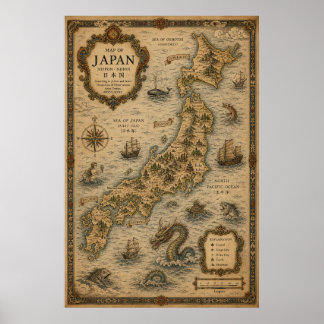 Historisk karta över feodala Japan Poster