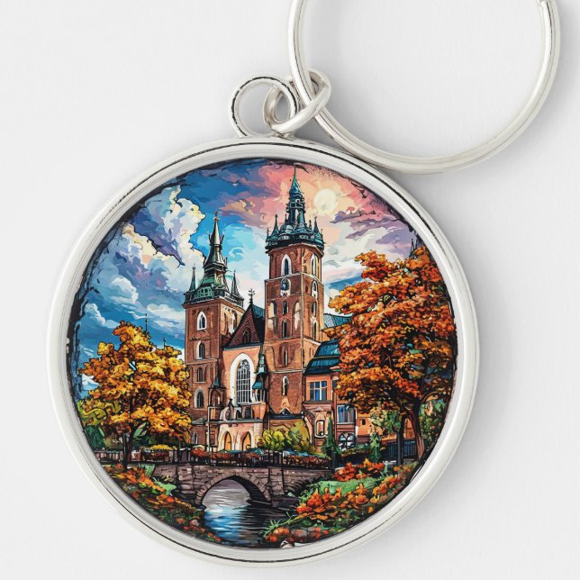 Historisk katedral omgiven av höstfärger rund silverfärgad nyckelring (Framsidan)