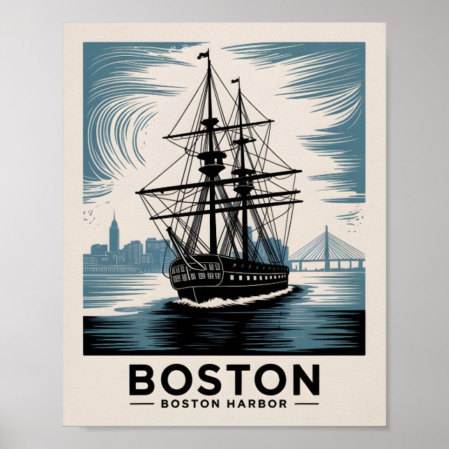 Historiska Boston Harbor Massachusetts Fartyg Vint Poster (Framsidan)