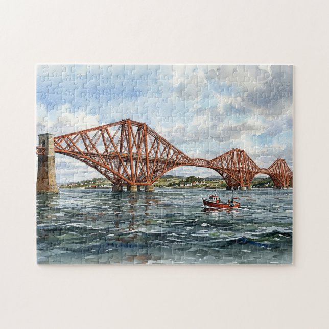 Historiska Forth Rail Bridge Skottland Akvarell Pussel (Horisontell)