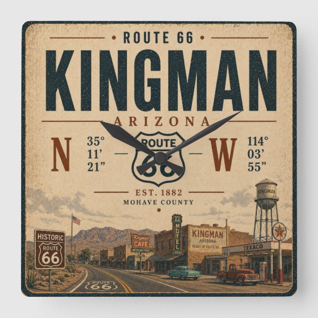 Historiska Kingman Arizona Route 66 Konst Fyrkantig Klocka (Framsida)