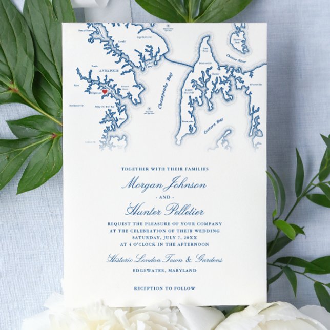 Historiska London Town Annapolis MD Bröllop  Inbjudningar (Historic London Town Wedding Invitation Annapolis MD Wedding in Navy Blue by Coastal Map Designs)
