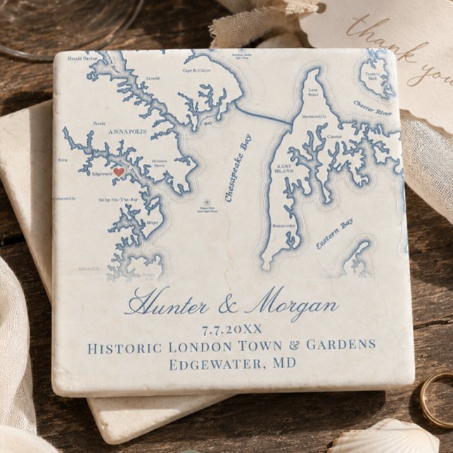 Historiska London Town Bröllop Edgewater MD Karta  Stenunderlägg (Historic London Town and Gardens Wedding Favor Annapolis Map Edgewater Keepsake Stone Coaster)