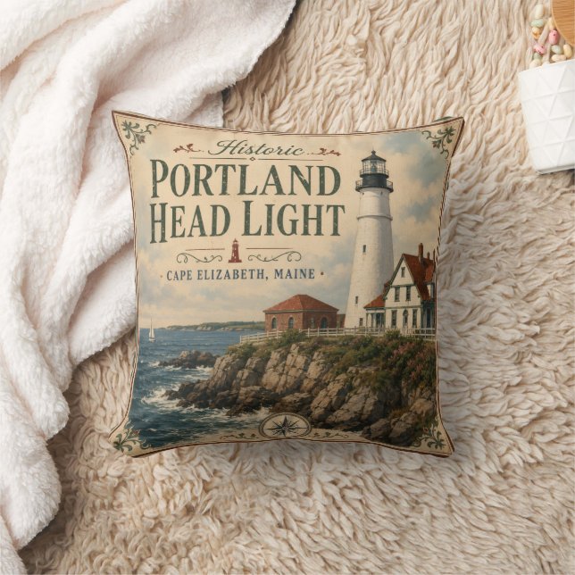 Historiska Portland Head Light Cape Elizabeth Main Kudde (Filt)
