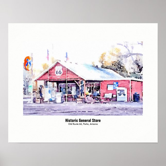 Historiska Route 66 Arizona General Store Akvarell Poster (Framsidan)