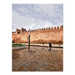 Historiska stadsmuren med en person som Matar Pige Fototryck