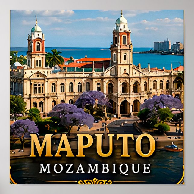 Historiska stationen i Maputo och havsfrontens ele Poster (Framsidan)