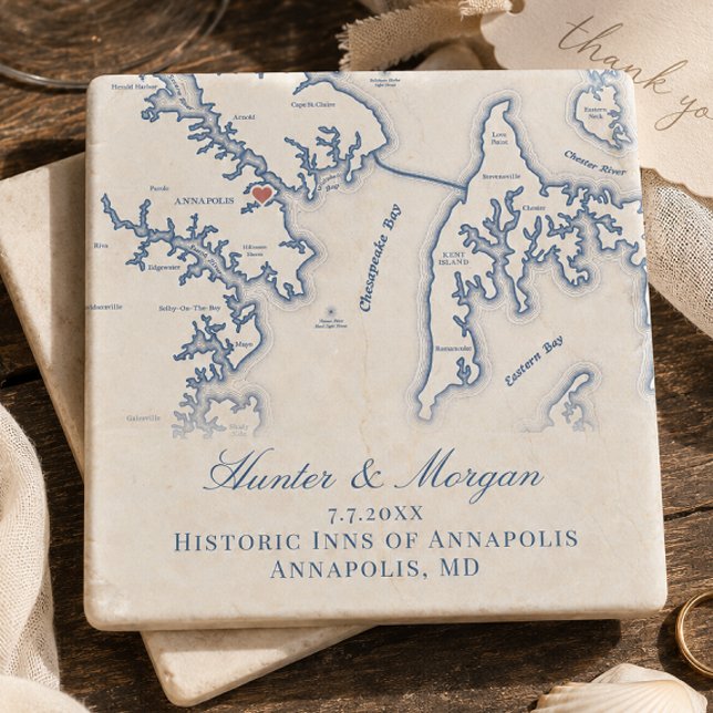 Historiska värdshus i Annapolis Bröllop Chesapeake Stenunderlägg (Historic Inns of Annapolis wedding favor stone coaster or wedding gift from Coastal Map Designs)