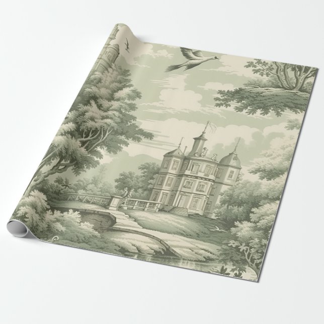 Historiskt grönt franskt sceniskt Toile-mönster Presentpapper (Utrullad)